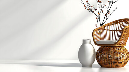 Obraz premium A white vase and a wicker chair are placed in front of a white wall. generated using AI