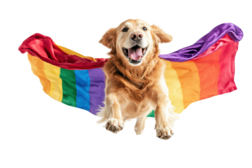 Joyful golden retriever dog with a rainbow flag flying through the air, isolated on a white background. transparent PNG