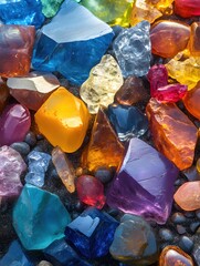 Fototapeta premium Colorful Gemstone Collection on Dark Sand Close Up Shot with Bright and Vibrant Tones