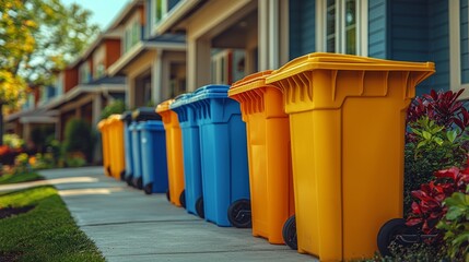 Colorful recycling bins lined up on a suburban street