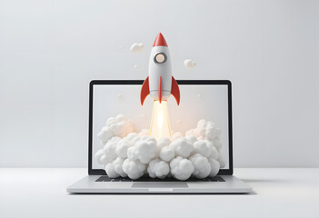 Rocket coming out of laptop screen. Generative AI