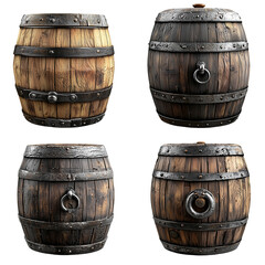 Obraz premium Collection of Wooden Barrels with Handles and Metal Rings, Isolated on transparent background 