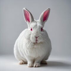 Obraz premium A white rabbit with pink ears, standing elegantly on a bright white background.