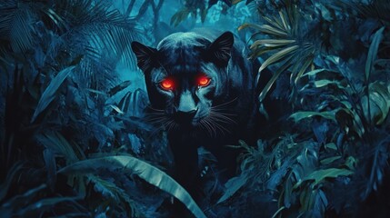 Black panther stalking in jungle at night, mysterious mood, wildlife imagery
