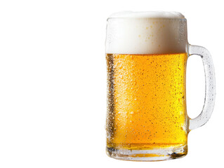 Mug of cold, refreshing beer with foam on top against a white transparent PNG
