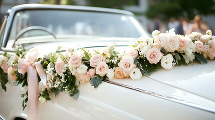 A sleek wedding car adorned with a floral garland and ribbon bow