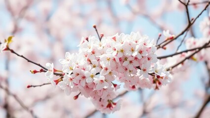 Naklejka premium Cherry blossoms in full bloom on delicate branches against a dreamy pastel background, spring, tree, foliage
