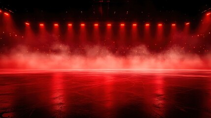 Naklejka premium Dramatic Red Lit Ice Arena with Fog and Bright Lights Creating a Stage Like Atmosphere