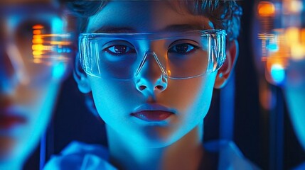 A young scientist, focused and observant, wears protective eyewear while working in a high-tech laboratory filled with glowing equipment. The atmosphere is futuristic and innovative