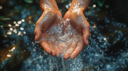 Fototapeta premium World Water Day. Hands catch splashes of water from a waterfall.
