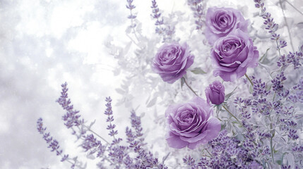 Elegant wallpaper featuring purple roses and lavender flowers on a soft white background, perfect for a calming and floral aesthetic