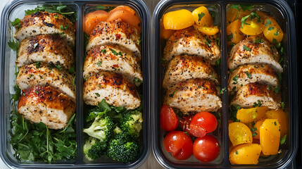 Healthy meal prep boxes with colorful, balanced ingredients
