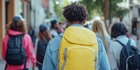 Obraz premium Person with Yellow Backpack Walking on City Street