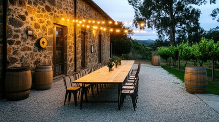 Naklejka premium Outdoor seating area illuminated by warm festoon lights