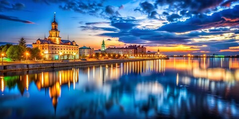 Fototapeta premium Panoramic Night View of Onega Lake Quay & Petrozavodsk City Hall