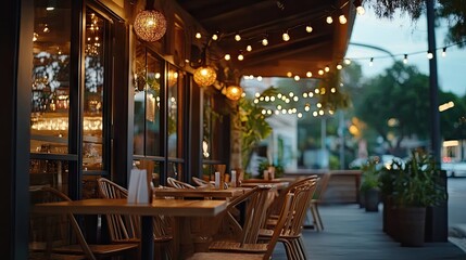 Outdoor seating area illuminated by warm festoon lights