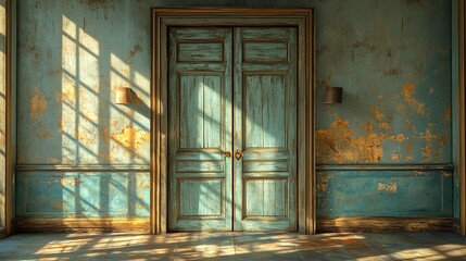 Rustic Teal Double Doors Antique Room Interior old wood aged worn gold