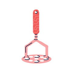 Flat Vector Illustration of a Pink Potato Masher Kitchen Utensil with Circular Holes and Textured Handle