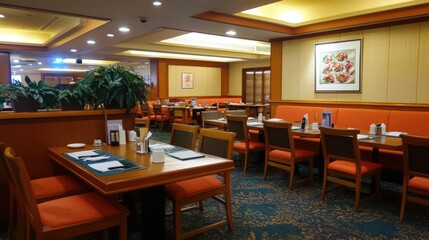 Fototapeta premium Peaceful dining area with cozy seats and plenty of personal space between tables