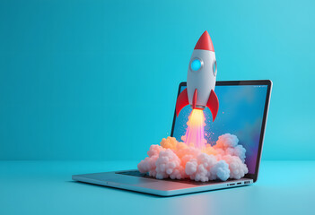 Rocket coming out of laptop screen. Generative AI