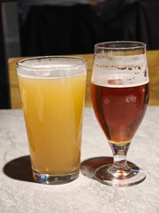 Two craft beers sit side by side on a rustic table, showcasing unique hues and frothy tops in a cozy bar setting