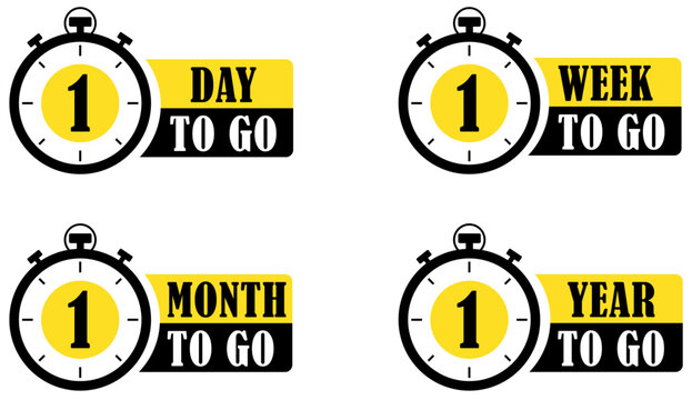1 day 1 week 1 month and 1 year to go reminder labels for event planning and deadline notification. Countdown timer labels for event reminder and deadline notification. Vector illustration