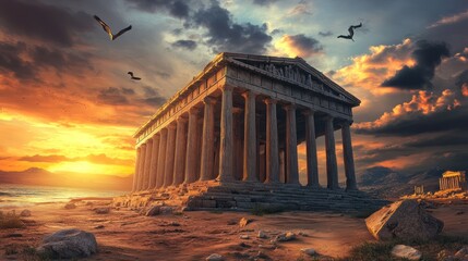 Obraz premium Sunset over ancient temple ruins near sea