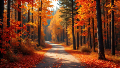 Autumnal Road Through Vibrant Forest