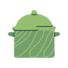 Vector Illustration of a Green Cooking Pot with Lid and Side Handles in Hand-Drawn Flat Style for Kitchen and Culinary Designs