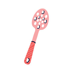 Vector Illustration of a Pink Slotted Spoon with Decorative Holes and Striped Handle in Flat Hand-Drawn Style for Kitchen and Cooking Designs