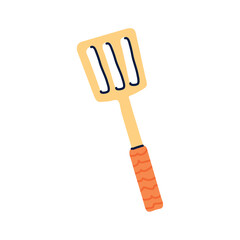 Vector Illustration of a Yellow Slotted Spatula with an Orange Textured Handle in Flat Hand-Drawn Style for Kitchen and Cooking Designs