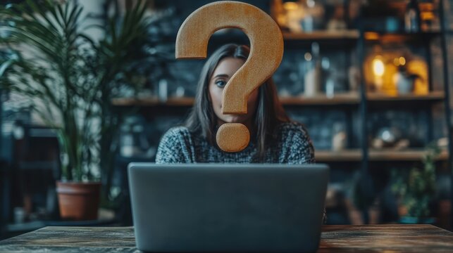 A person sits behind a laptop with a large question mark suspended in mid-air.