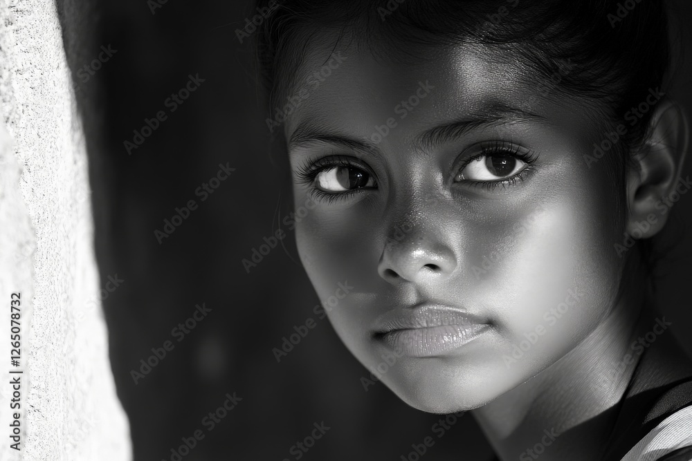 Poster young girl with captivating gaze displaying emotion in soft light against textured wall