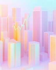 Futuristic Minimal City Skyline with Colorful Skyscrapers and Financial Growth Graphs