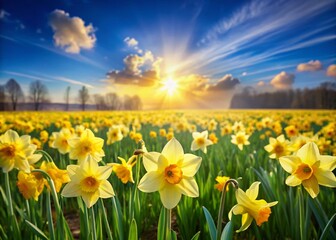 Fototapeta premium Panoramic Spring Meadow with Abundant Narcissus Flowers Blooming