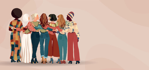 Back view of a group of multicultural women embracing each other. Diversity - inclusion - equality - girl power or empowerment concept. International Women s Day. Banner copy space