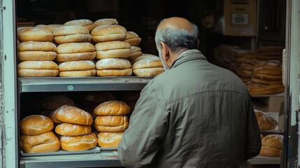 A man with a bald head wearing a jacket, standing in front of shelves stacked with golden-brown loaves of bread.