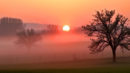 Fototapeta premium spring transformation, sunrise over the farm, blooming trees in full bloom