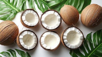 Tropical Coconuts Halved Fresh Organic Summer Food Leaf Fruit White   