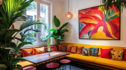 Fototapeta premium Relaxing restaurant space with comfortable seating and natural light filtering through