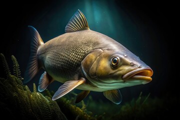 Fototapeta premium Low light captures a solitary barbel, its details sharp, a mesmerizing underwater wildlife image.