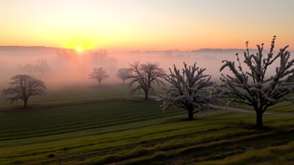 spring transformation, sunrise over the farm, blooming trees in full bloom
