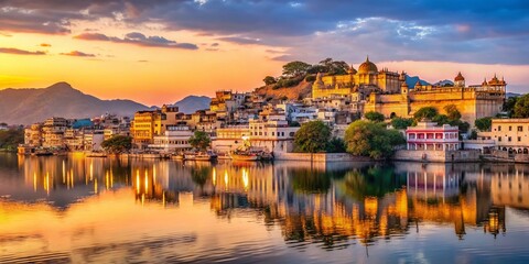 Fototapeta premium Panoramic Udaipur Cityscape: Lake Pichola & Historical Buildings at Sunset