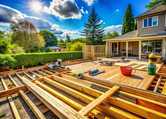 Panoramic View: Backyard Deck Construction Underway - Wooden Beams & Framing