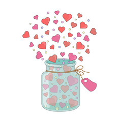 Glass transparent jar with red and pink hearts and confetti flying out of it, on white background, on the jar brown string with label without text.Postcard, sticker for good mood and loving atmospherе