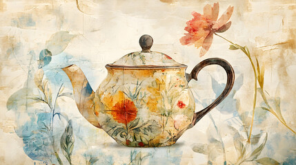 Vintage teapot with floral ornament on old paper background.