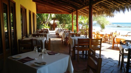 Fototapeta premium Restaurant with well-arranged tables, offering a comfortable and private atmosphere