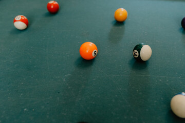 A close-up view of a billiard table with colorful pool balls scattered across the green felt surface, capturing the details of the game setup 
