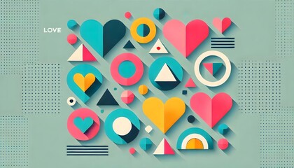 Obraz premium Geometric love shapes with overlapping hearts, circles, and triangles in bold, bright colors like turquoise, pink, and yellow, arranged in a minimal, flat design on a solid background