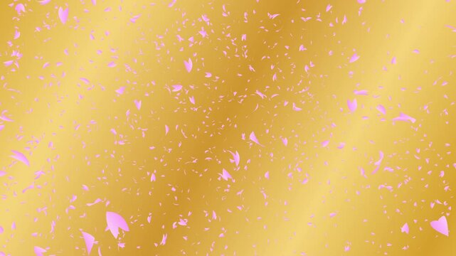 Bunch of pink cherry petals falling sideways from top on gold gradient moving background. Abstract background with a scene of Spring time in Japan.